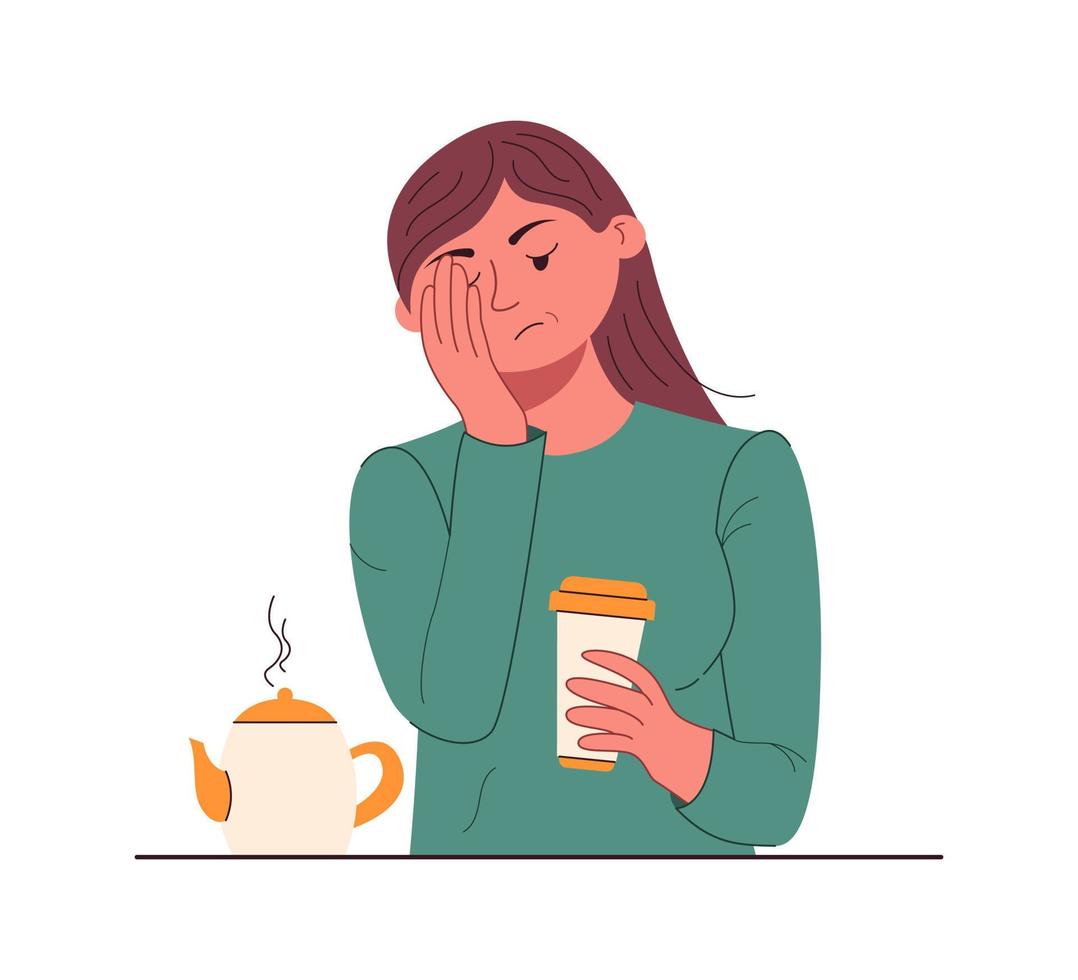 Sad tired young woman drinking coffee. Caffeine addiction concept. Mental health problem, psychiatric illness, drug dependence. Color flat cartoon vector illustration