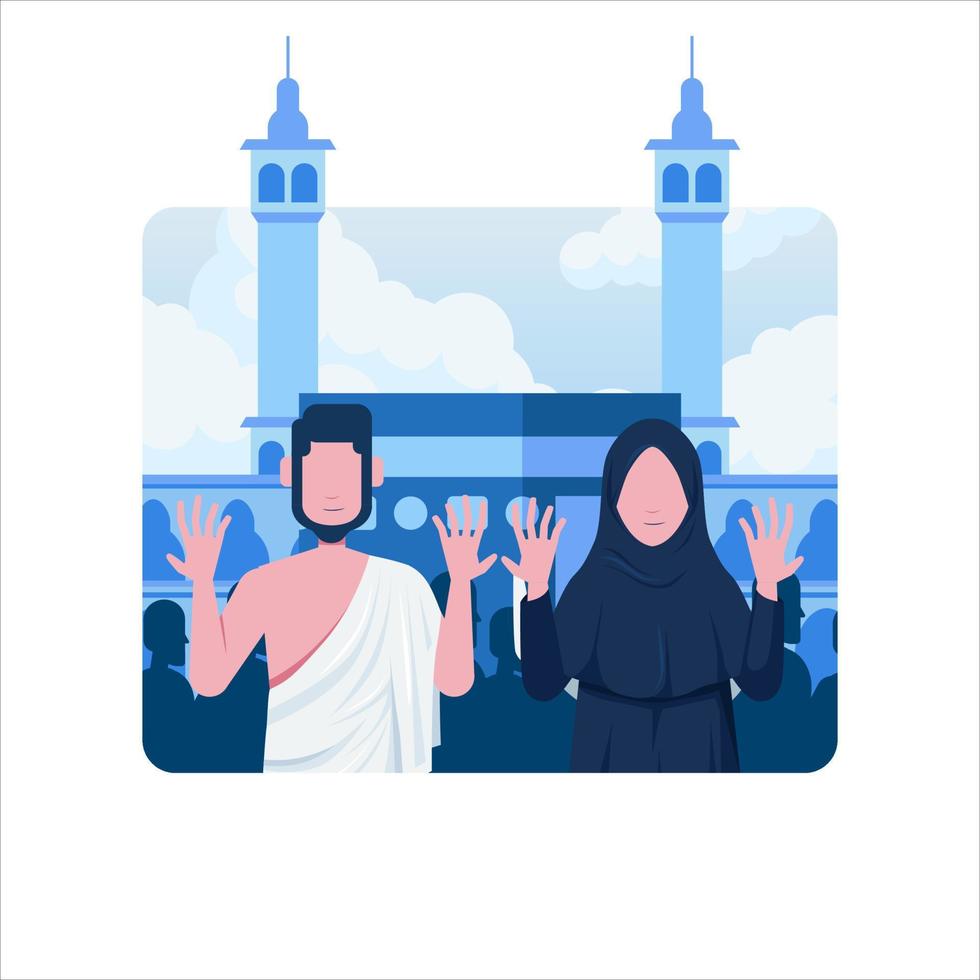 Woman and man muslim pray at kabaa at hajj pilgrimage islamic religion illustration concept vector