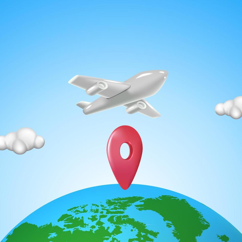 Travel time, holiday vacation concept with 3d illustration of airplane, suitcase, globe world, passport vector