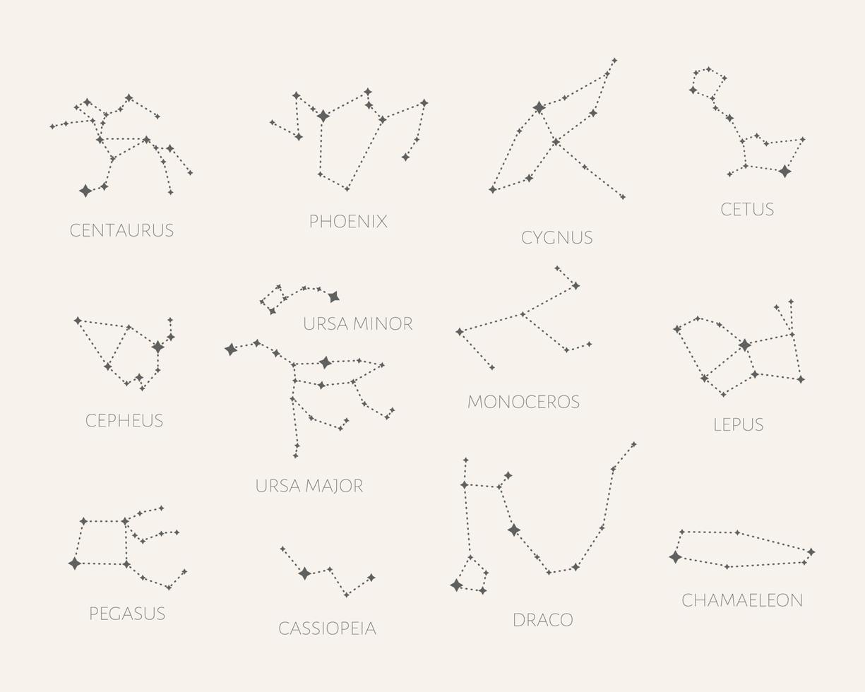 Set of 12 Constellations. Centaurus, Phoenix, Cygnus, Getus, Cepheus, Ursa Minor, Ursa Major, Monoceros, Lepus, Pegasus, Cassiopeia, Draco, Chamaeleon vector