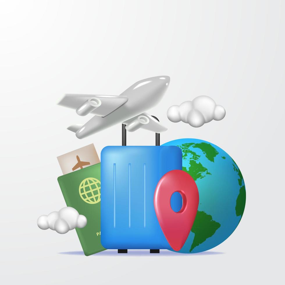 Travel time, holiday vacation concept with 3d illustration of airplane, suitcase, globe world, passport vector