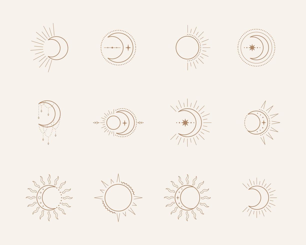 Esoteric symbols with moon and sun. Celestial sings. Vector illustration in boho style