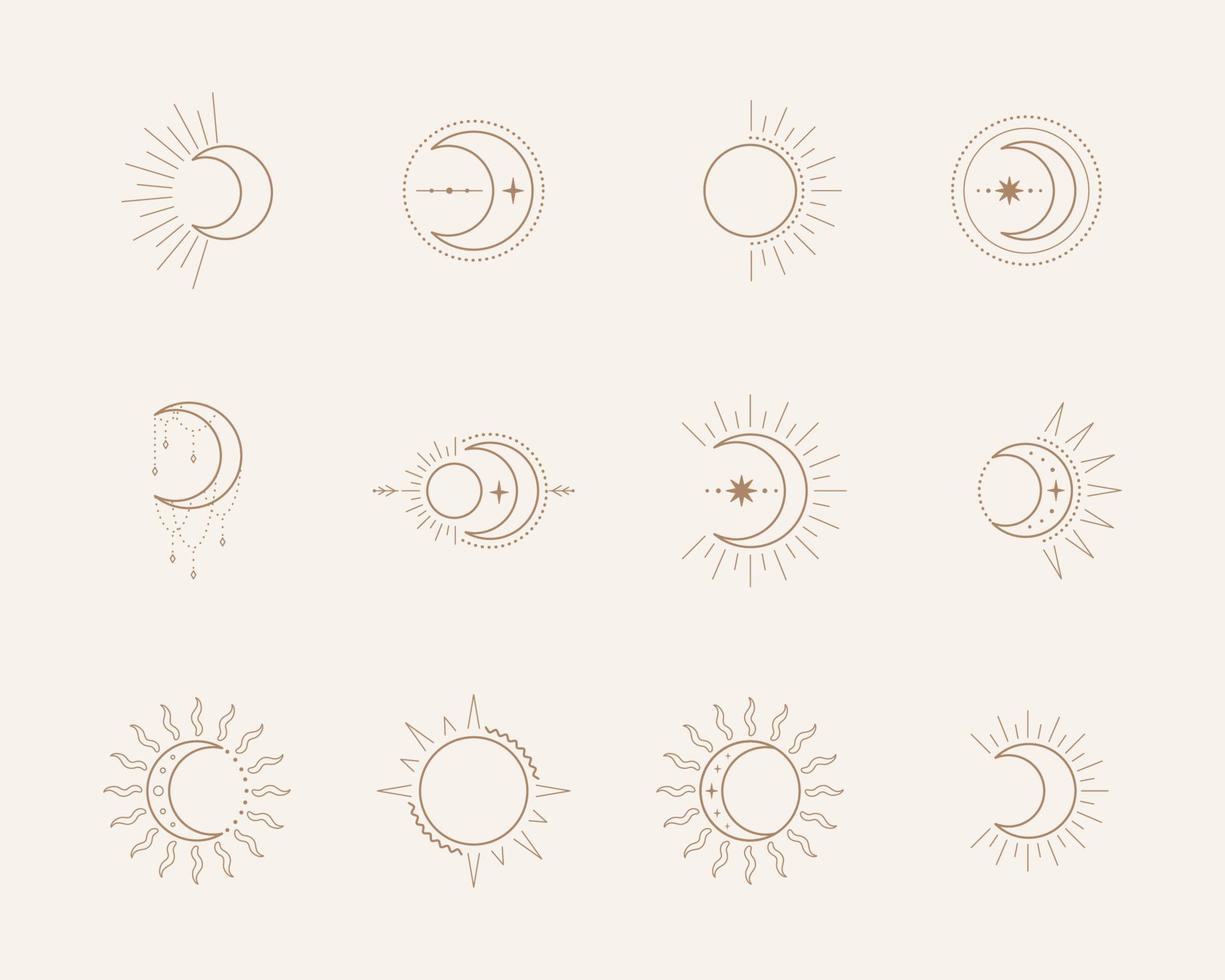 Esoteric symbols with moon and sun. Celestial sings. Vector illustration in boho style