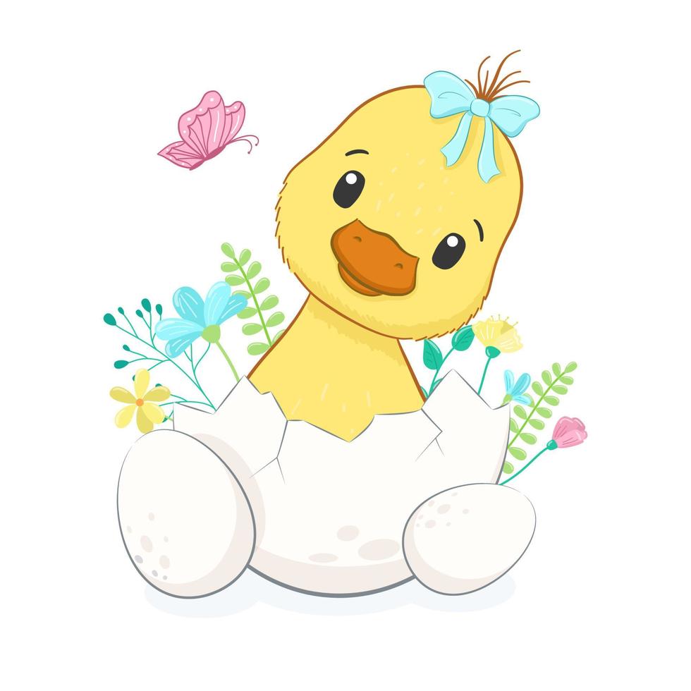 Happy Easter. Cute duckling with eggs. Vector illustration.
