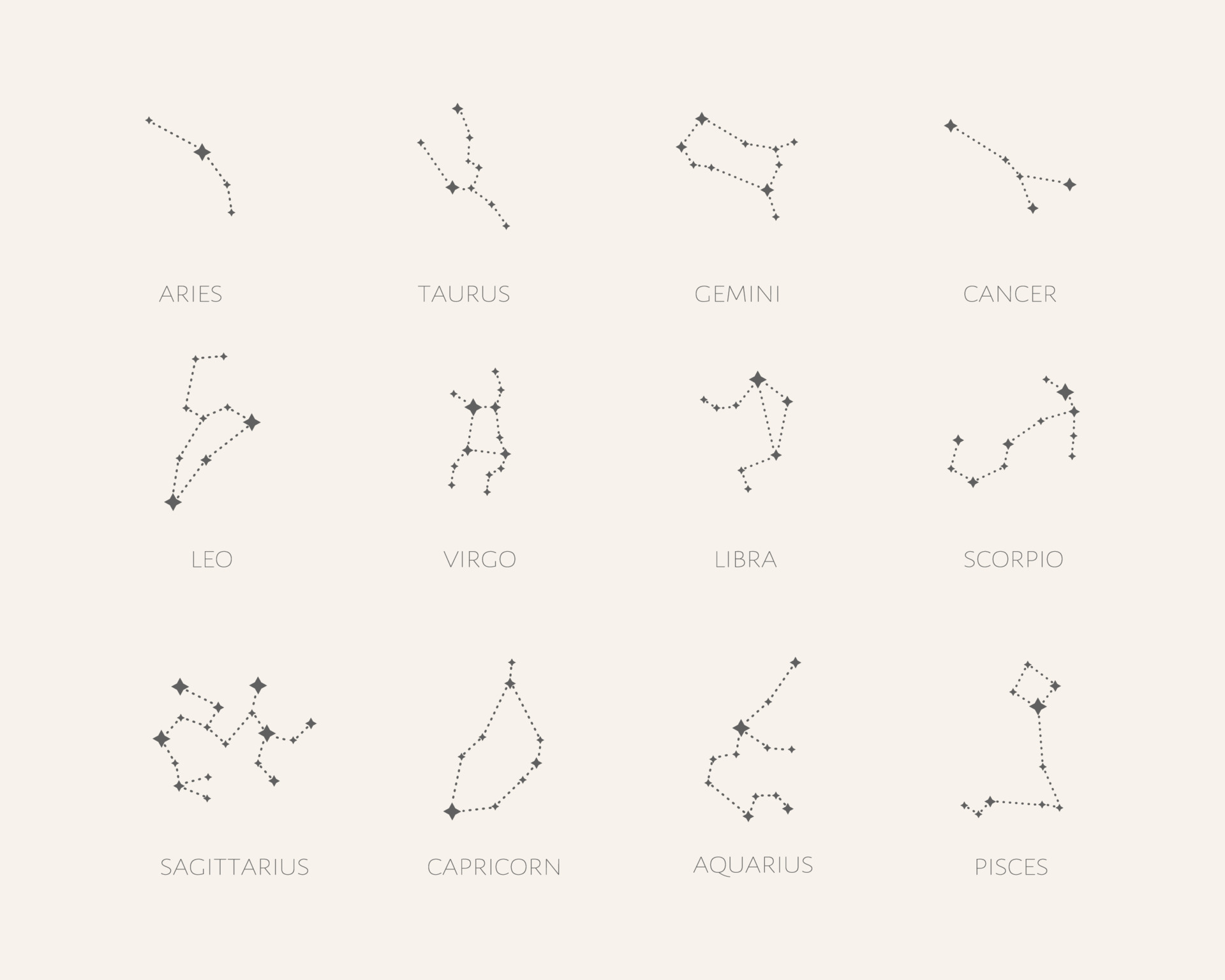 Set of 12 zodiac signs. Constellation of Aries, Taurus, Leo, Gemini, Virgo, Scorpio, Libra, Aquarius, Sagittarius, Pisces, Capricorn, Cancer. 7940592 Vector Art at Vecteezy Set of 12 zodiac signs. Constellation of Aries, Taurus, Leo, Gemini, Virgo, Scorpio, Libra, Aquarius, Sagittarius, Pisces, Capricorn, Cancer. 7940592 Vector Art at Vecteezy