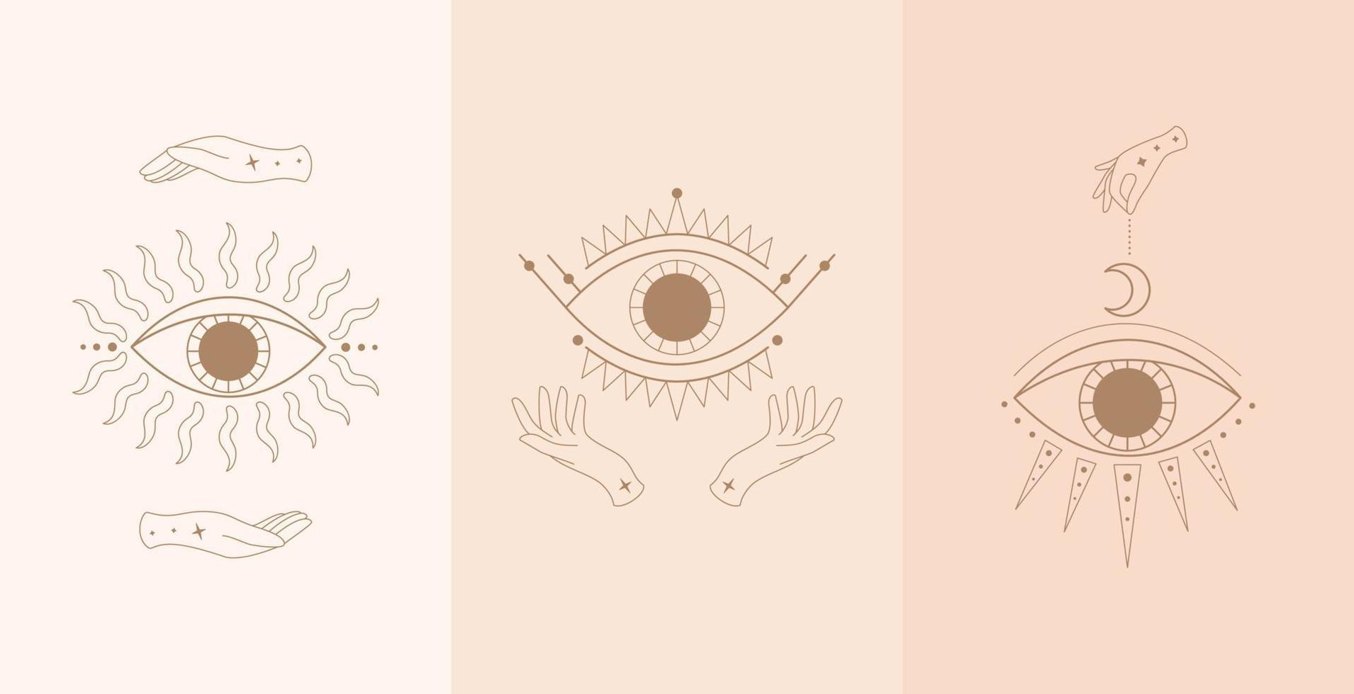 Set of mystic eyes with woman hands. Vector illustration in boho style