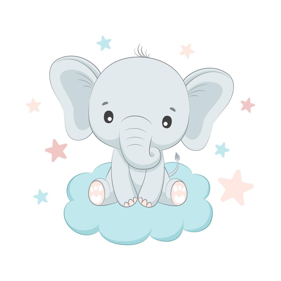 Vector illustration with cute elephant that seeting on the cloud.