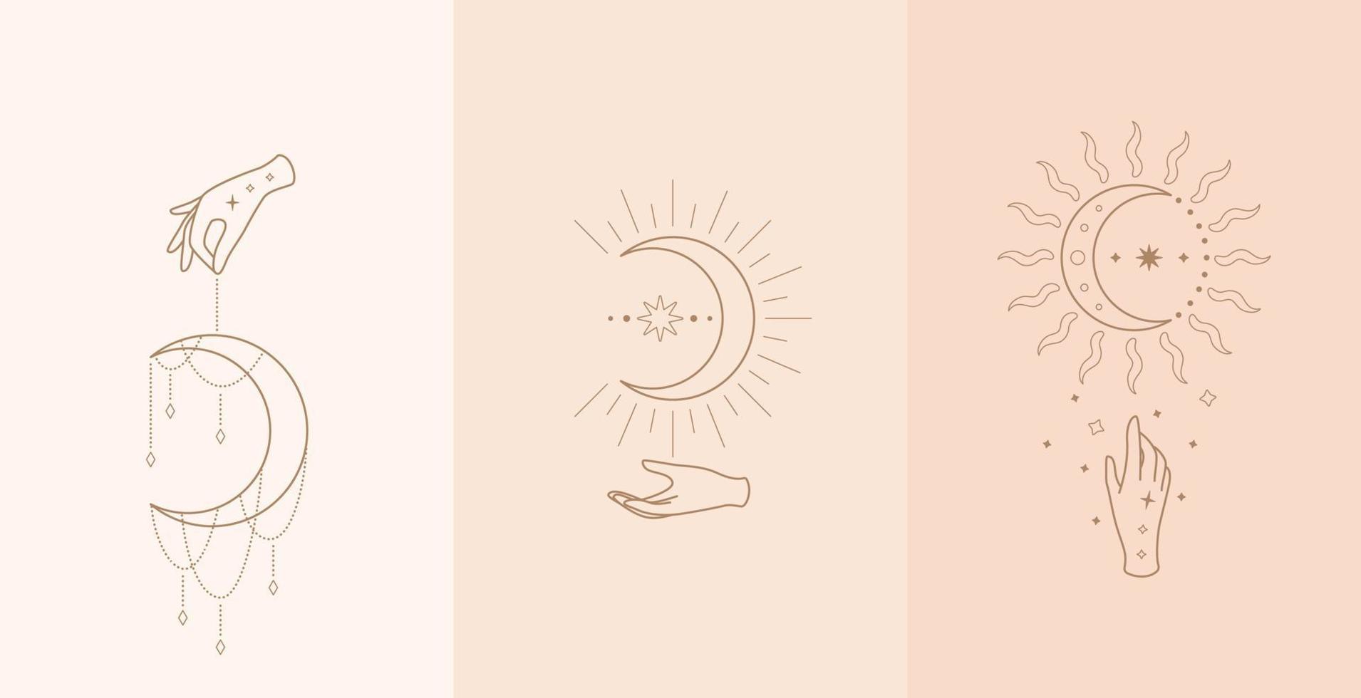 Set of celestial talisman with woman hands. Vector illustration in boho style