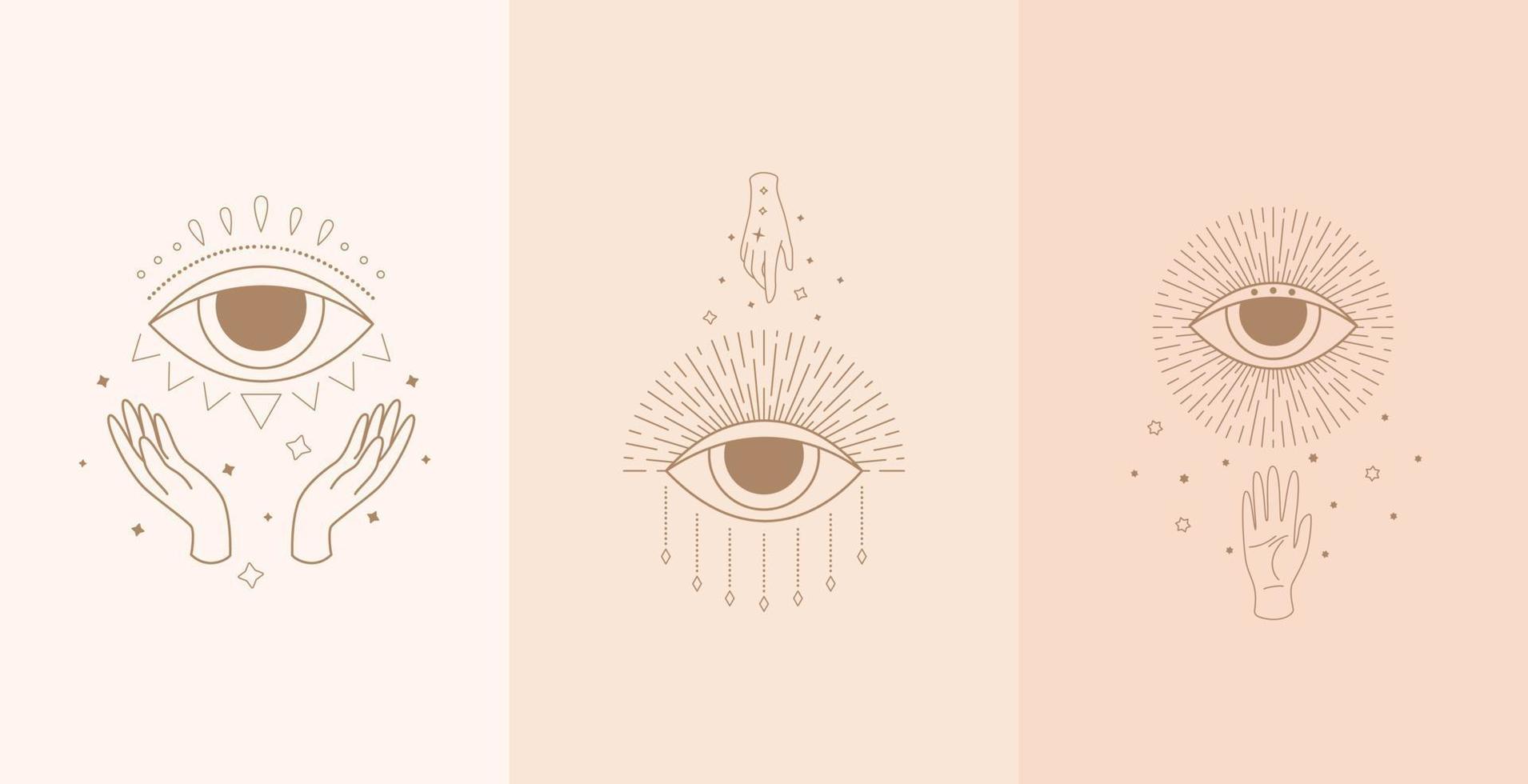 Set of mystic eyes with woman hands. Vector illustration in boho style