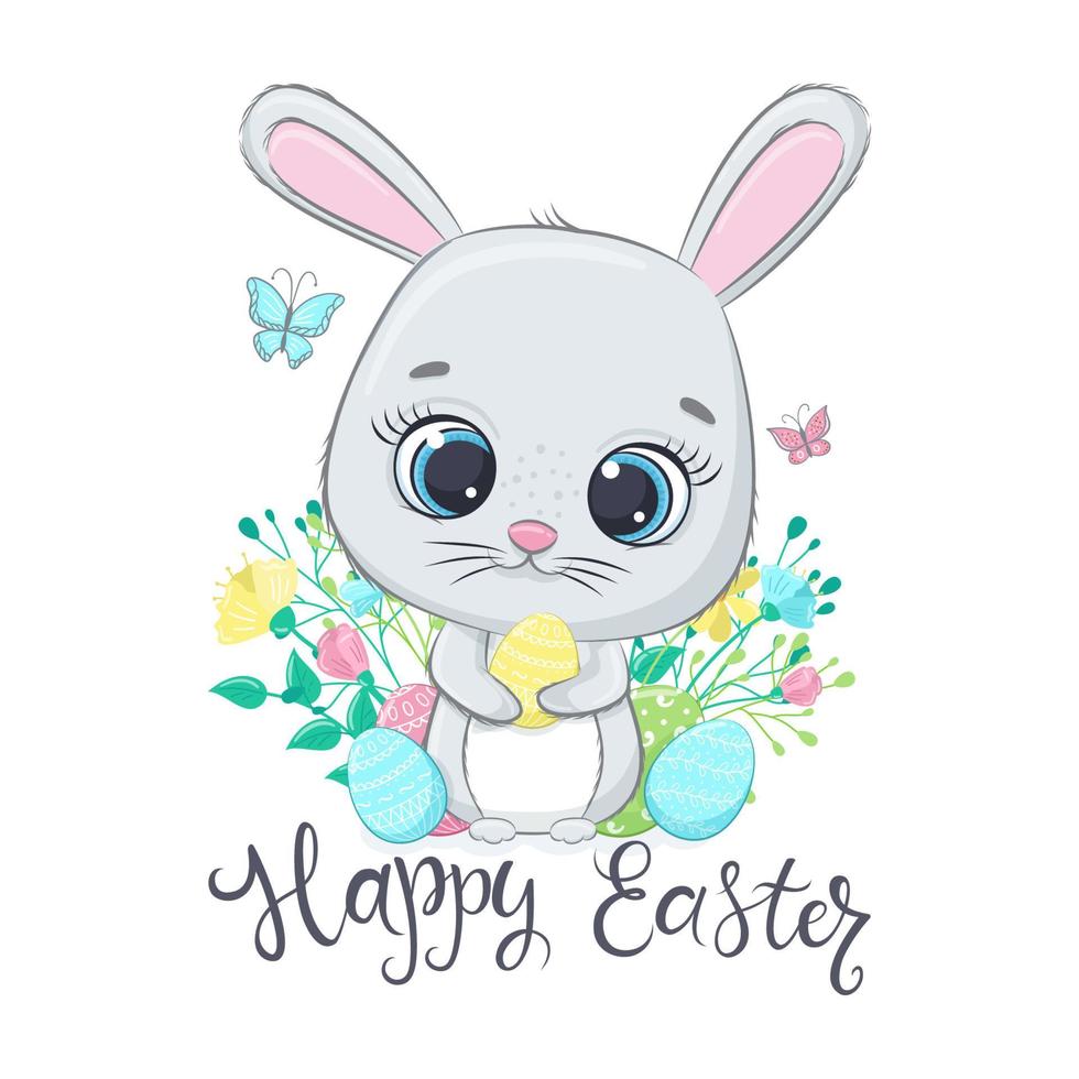 Happy Easter. Cute Easter bunny with eggs. Vector illustration.