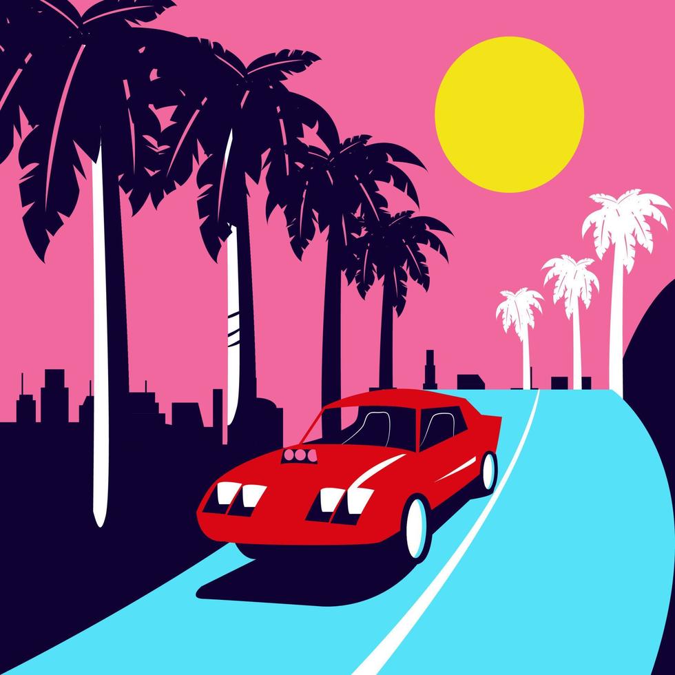 vintage car on the high way road with neon color vector