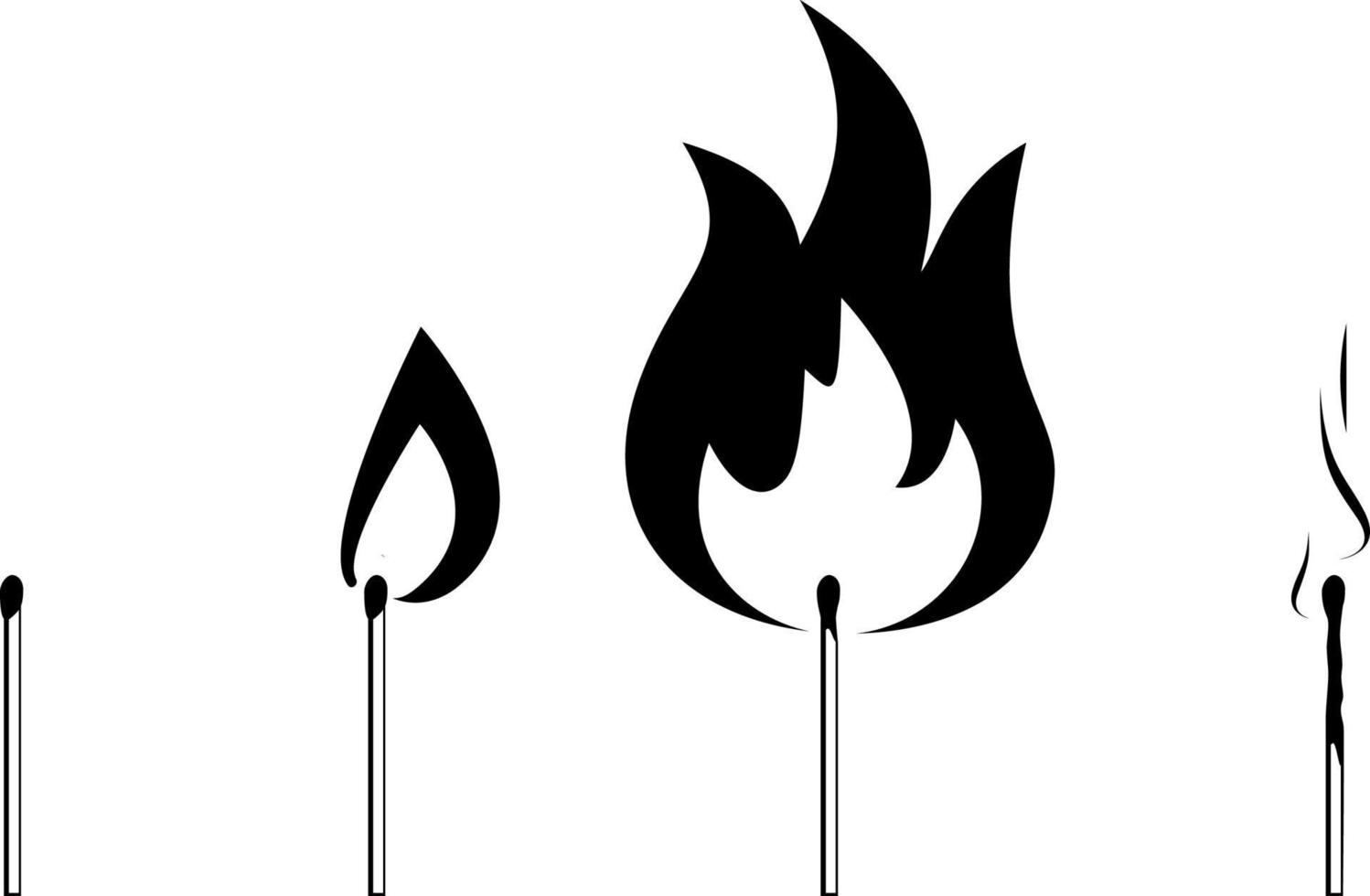 Black and white set of different matches. Contains new match, burning match, burnt down match with smoke. vector