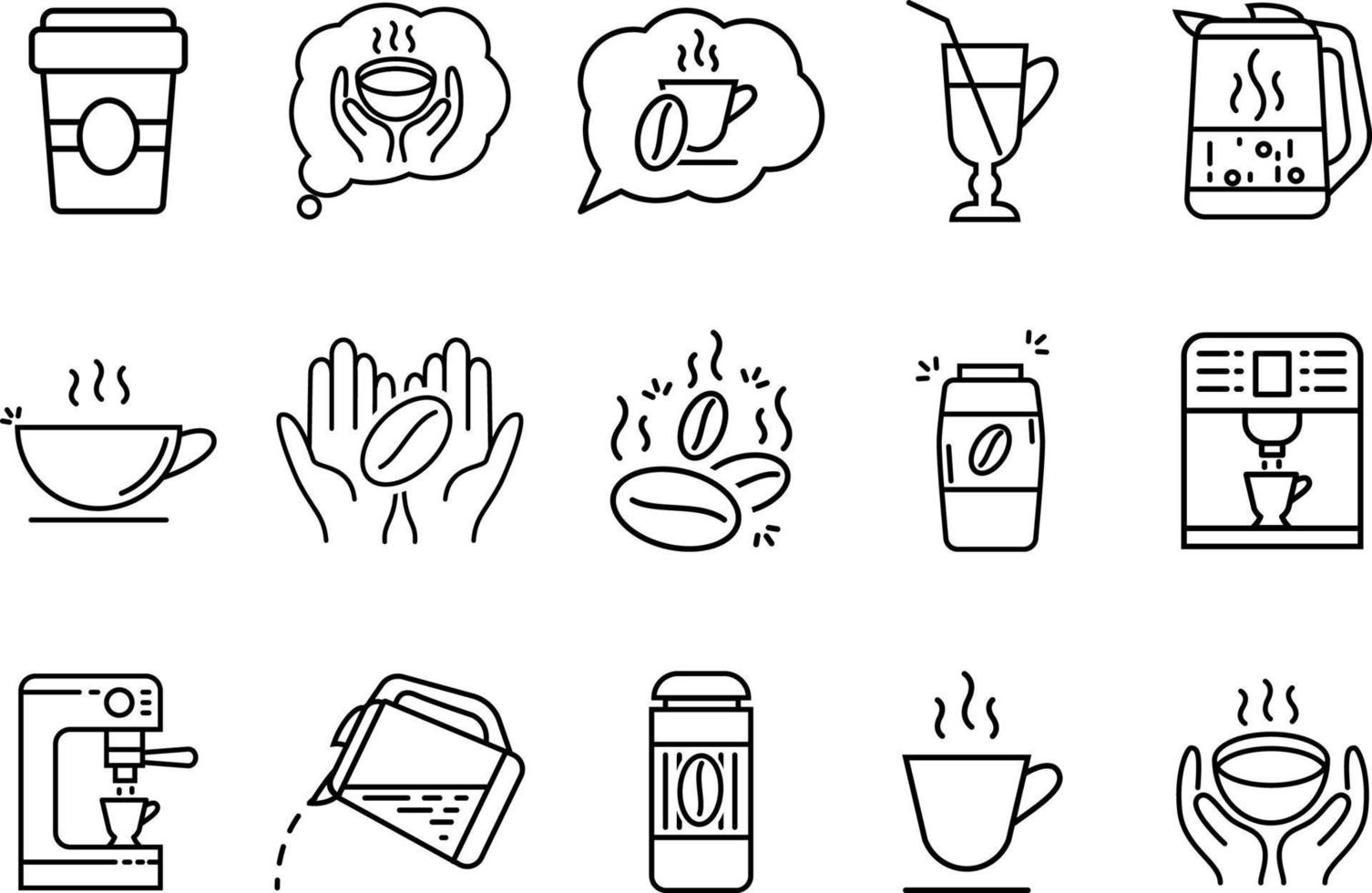 Set of coffee and tea vector line icons. Contain coffee beans, cup, coffee machine, cappuccino, hands with coffee,  tea.