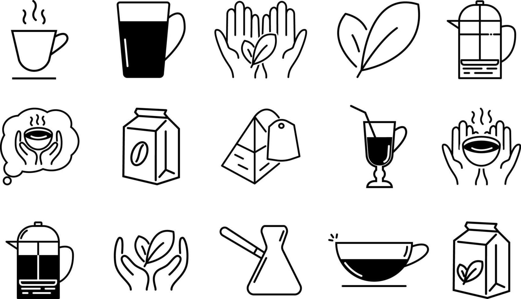Set of coffee and tea icons. Contain french press, cup of tea or coffee, hands with tea leaf and other. vector