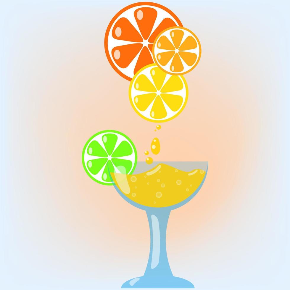 jugo de naranja fresco con lima, limón y naranja en copa de vino para vacaciones o fiesta con fondo naranja claro. vector