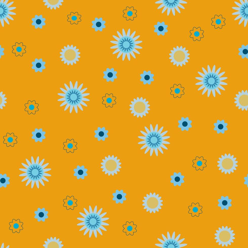 Vector floral seamless pattern, multicolored cartoon abstract daisy flowers on beige background.
