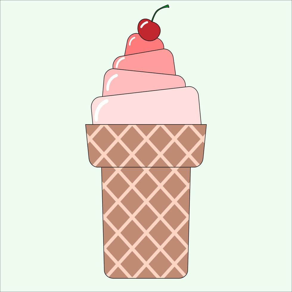 Colorful ice-cream in waffle cone with cherry on the button in light green background. vector