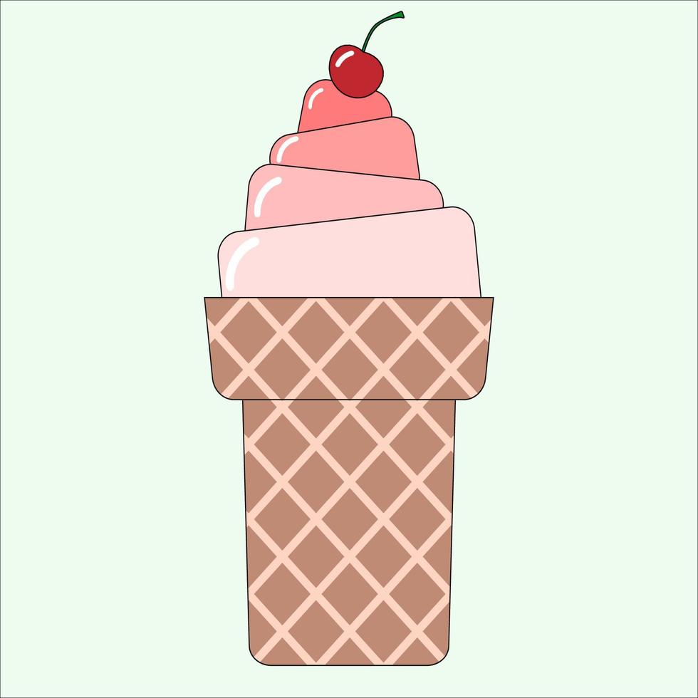 helado colorido en cono de gofre con cereza en el botón en fondo verde claro. vector