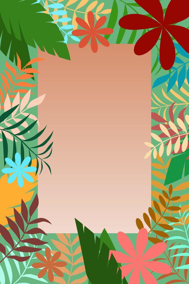 marco vectorial con hojas tropicales y flores para pancarta, fondo, afiche, venta, tarjeta. vector