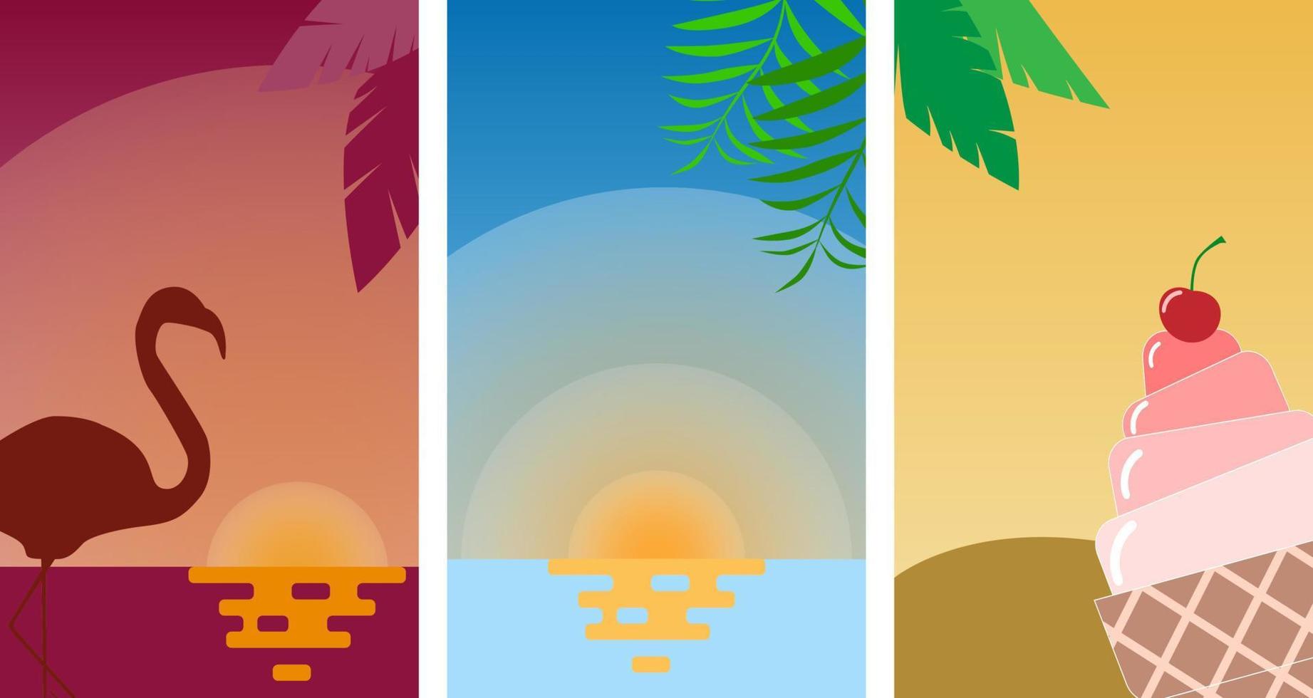 conjunto de diseños abstractos de fondo de verano para la venta, pancarta, afiche. flores planas, hojas de palma, flamenco, helado. vector