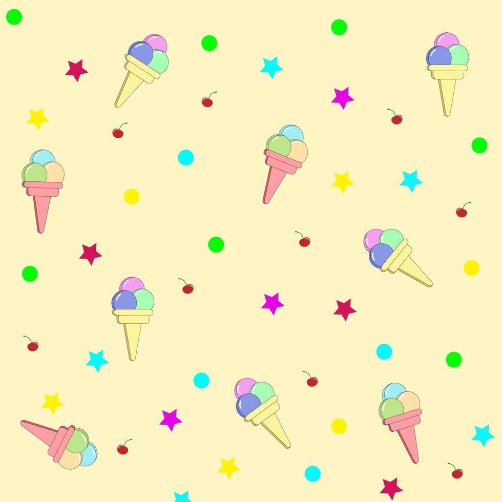 Colorful ice-cream cone with star and cherries seamless patter on light yellow background. vector