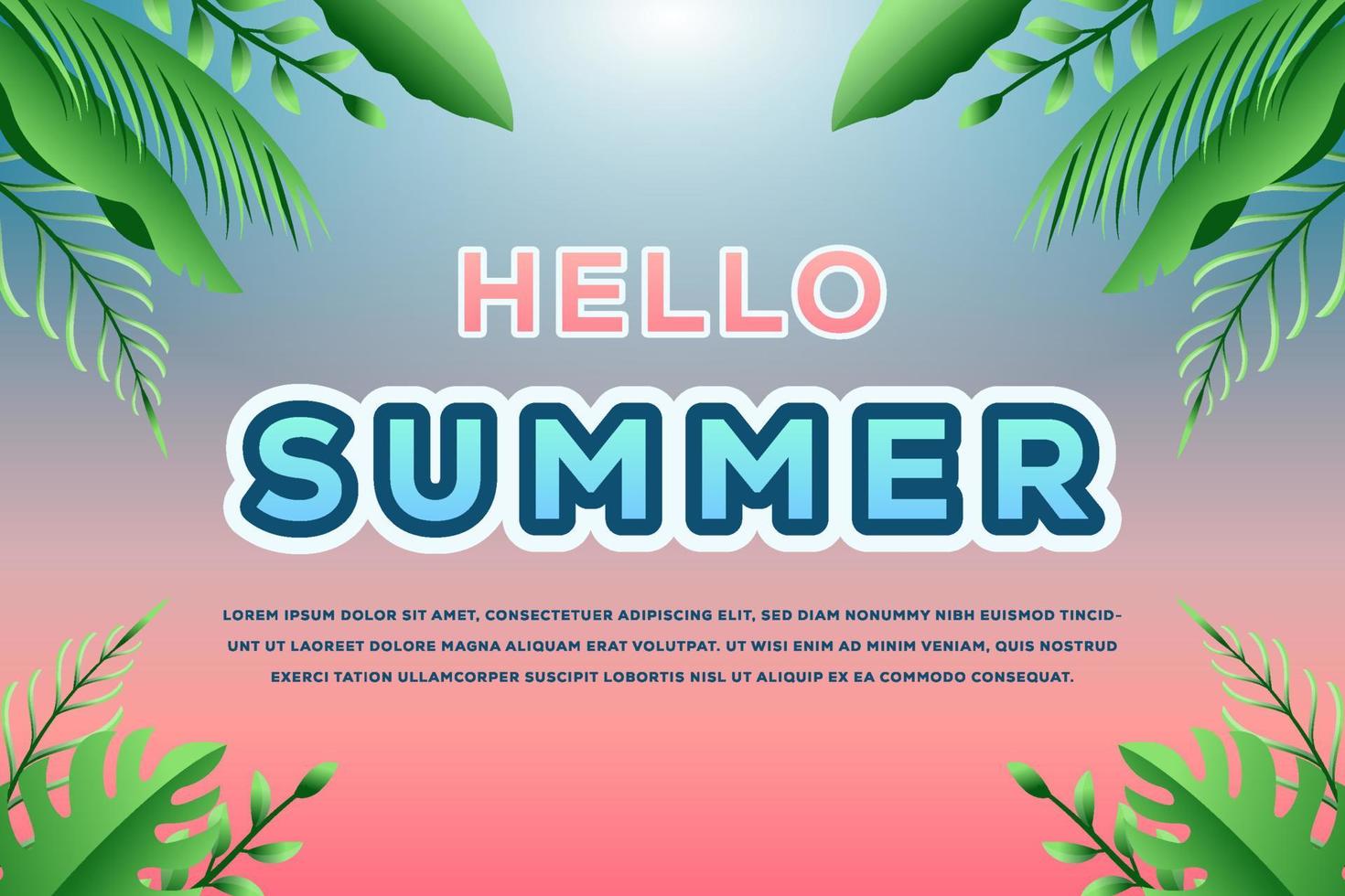 gradient hello summer background illustration with tropical leaves vector