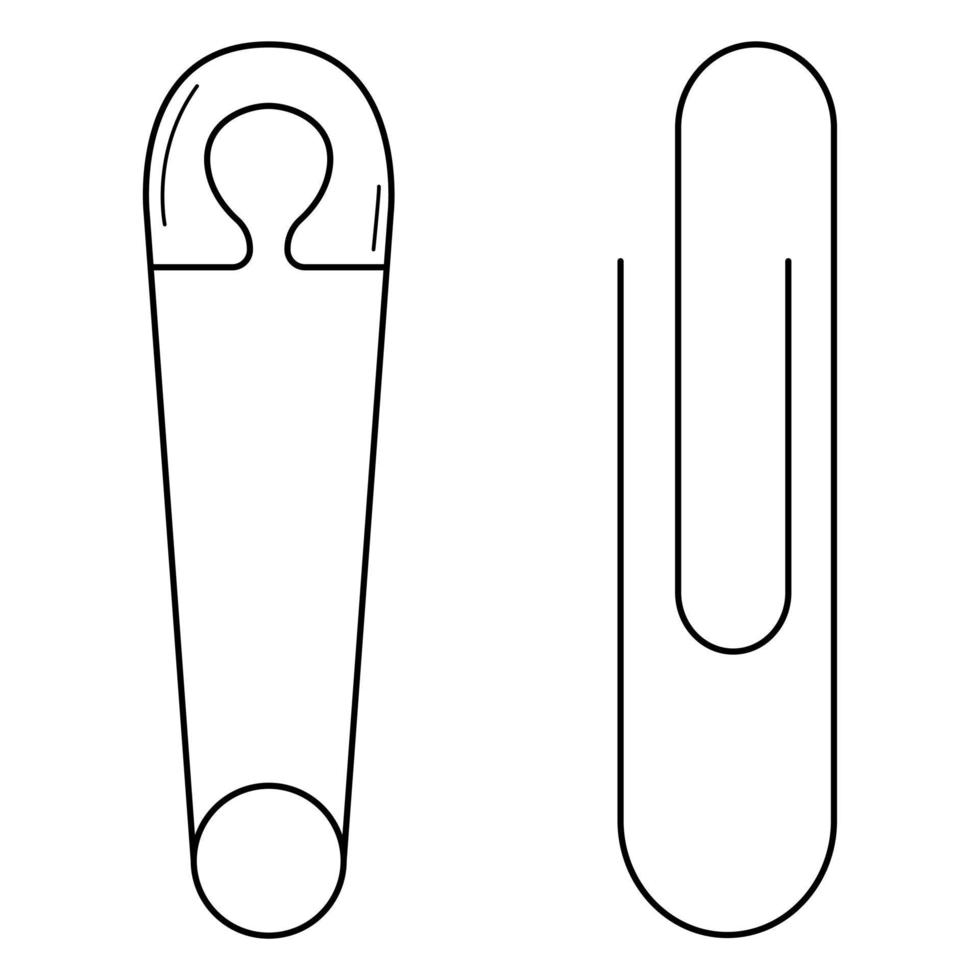 Hand drawn safety pin and paper clip. Office supplies. Doodle scetch. Vector illustration