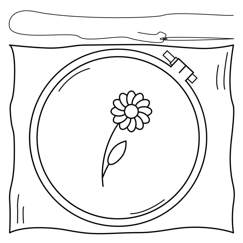 Hand drawn embroidery tools, fabric, hoop and needle with thread. Hobby, craft. Doodle scetch. Vector illustration