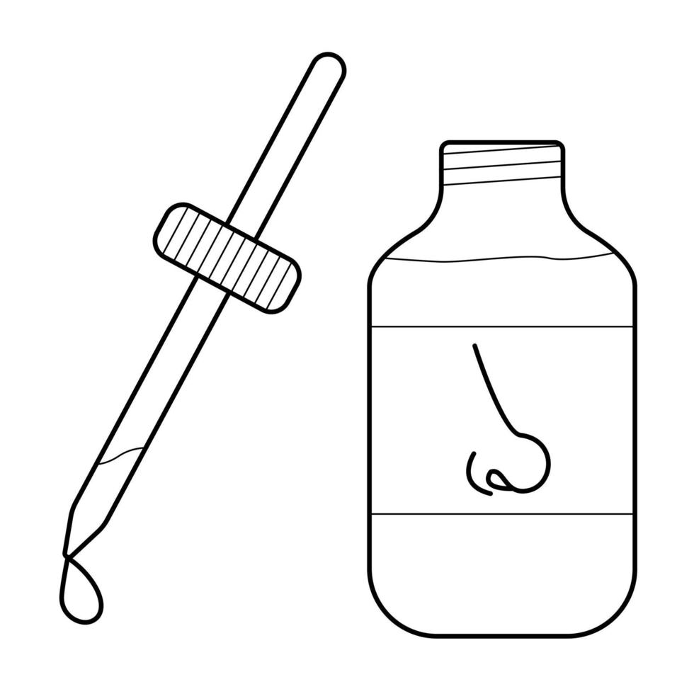 Hand drawn image of a pipette and a jar with nose drops. Remedy for a runny nose. Doodle scetch. Vector illustration