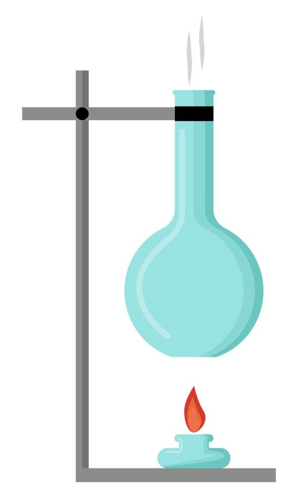Chemical research. Heating the contents of the flask with a laboratory burner. Flat. Vector illustration