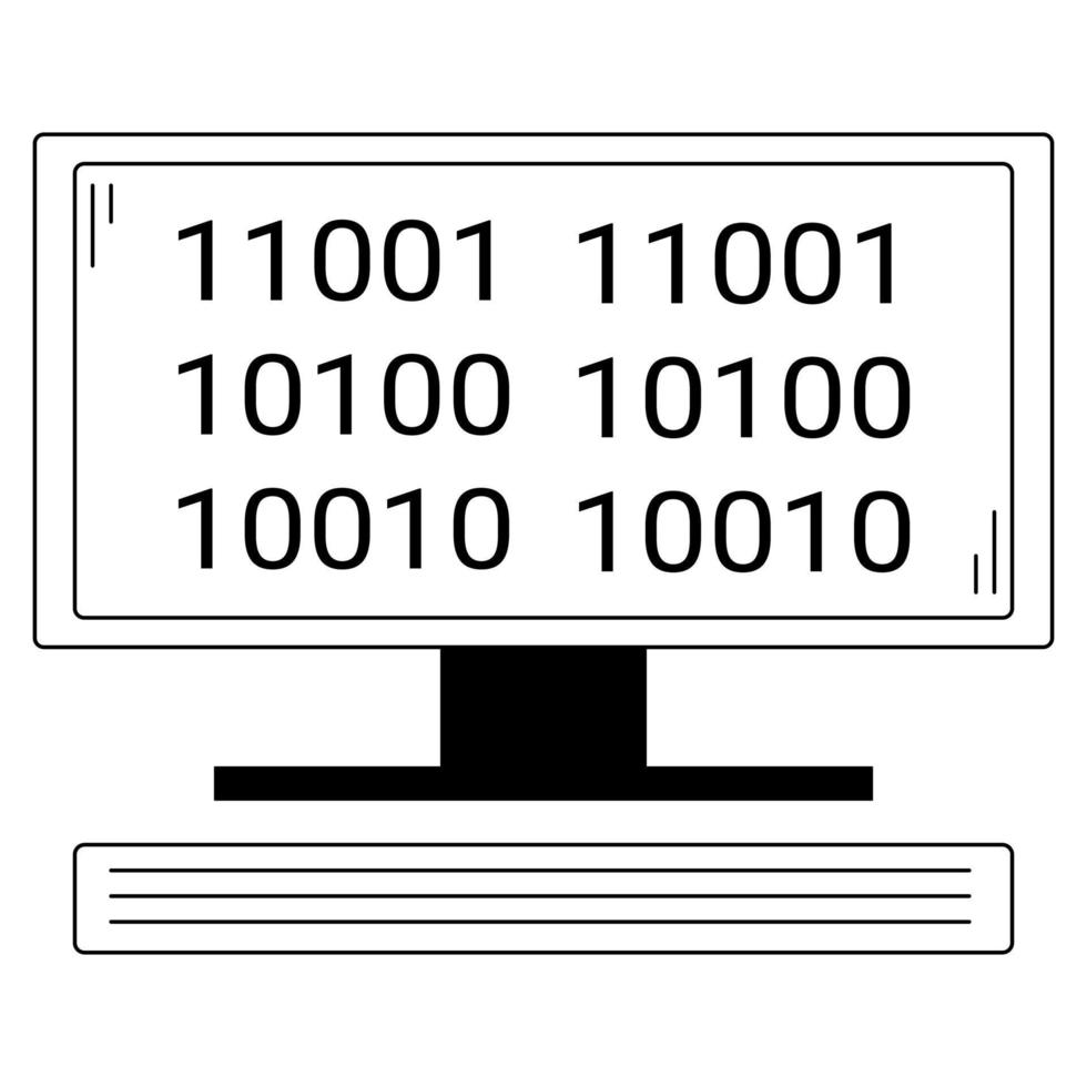 Hand drawn computer with binary code on the screen. Device for complex computing tasks. Doodle sketch. Vector illustration