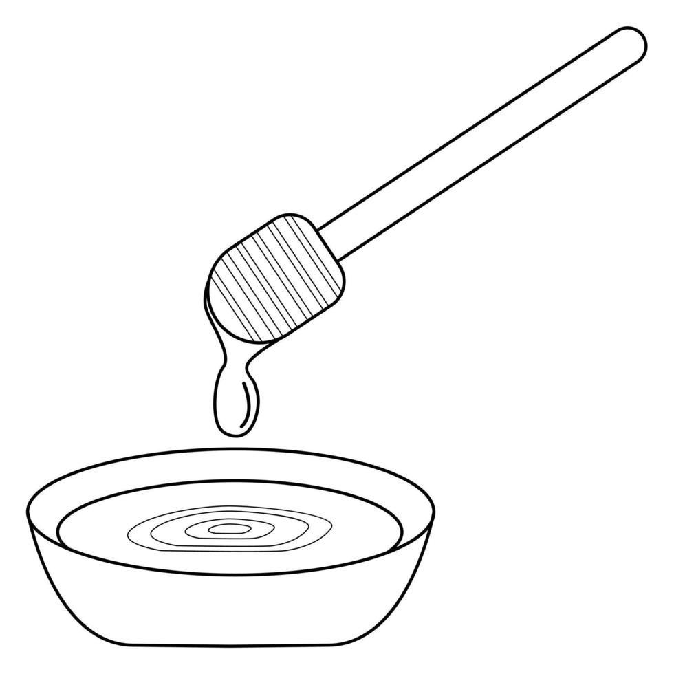 Hand drawn honey in a cup and a honey dipper. A product produced by bees. Doodle scetch. Vector illustration