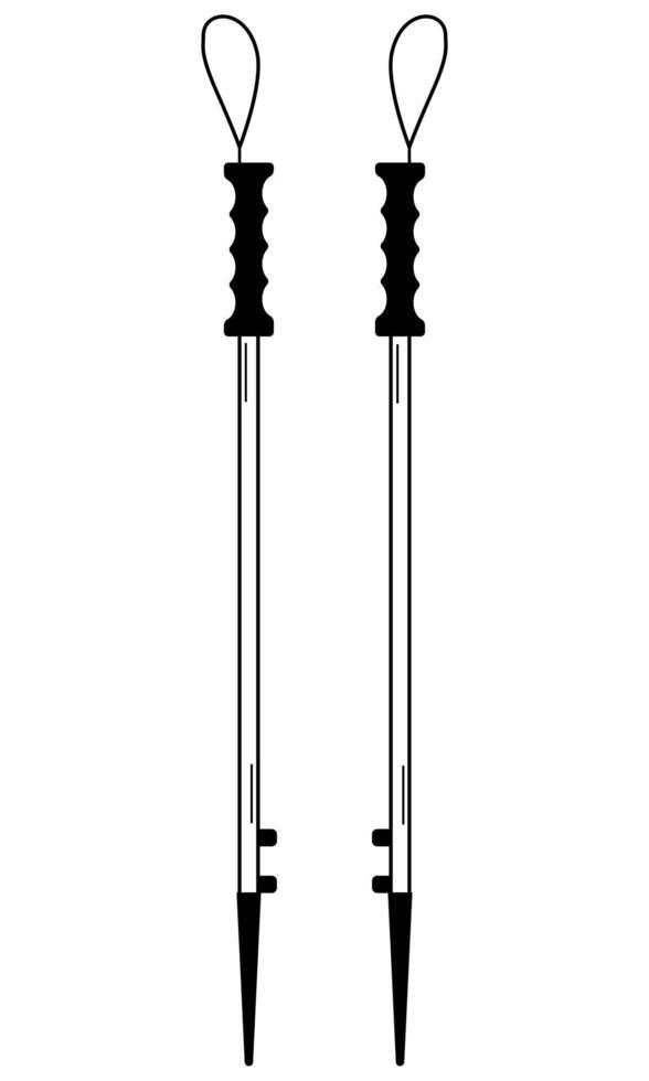 Hand drawn tracking sticks. Equipment for hiking and climbing uphill. Doodle style. Sketch. Vector illustration