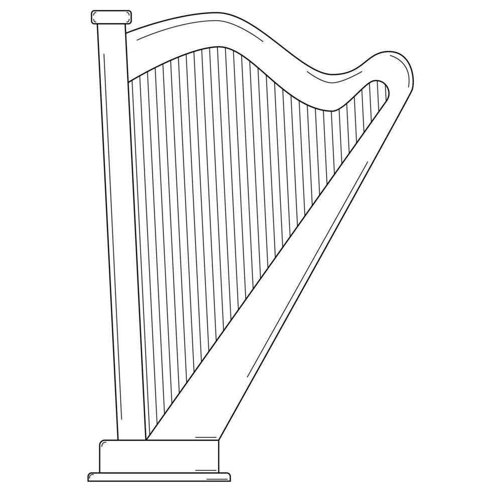 Hand drawn harp. Stringed plucked musical instrument. Doodle style. Sketch. Vector illustration