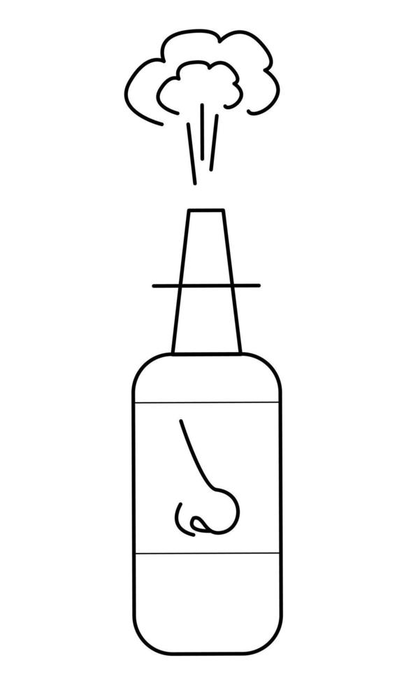 Hand drawn bottle of nasal spray. A remedy for a runny nose. Doodle scetch. Vector illustration