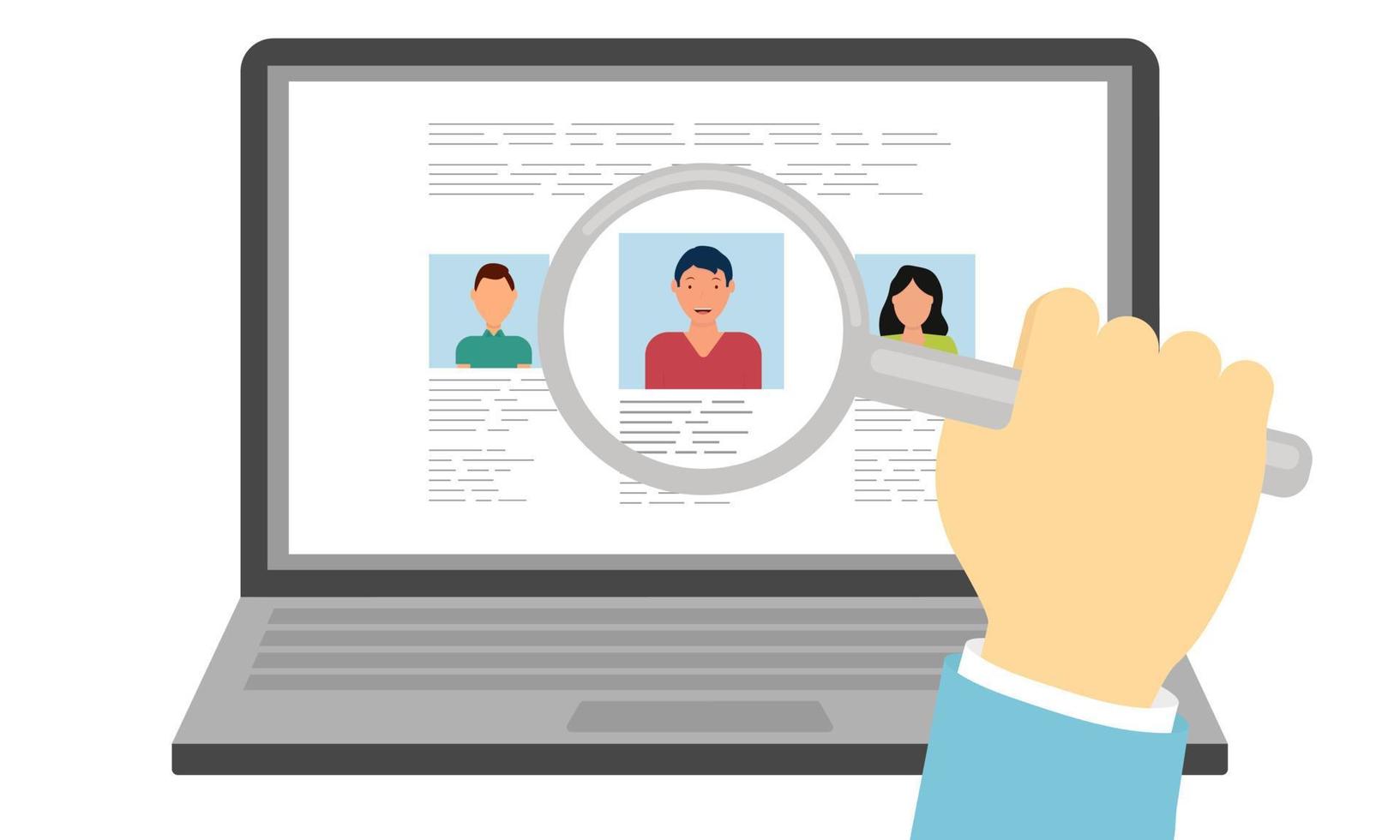 Search for the best candidate. The hand holds a magnifying glass with which the candidate is selected in an enlarged form. A summary of several people on a laptop screen. Flat. Vector illustration