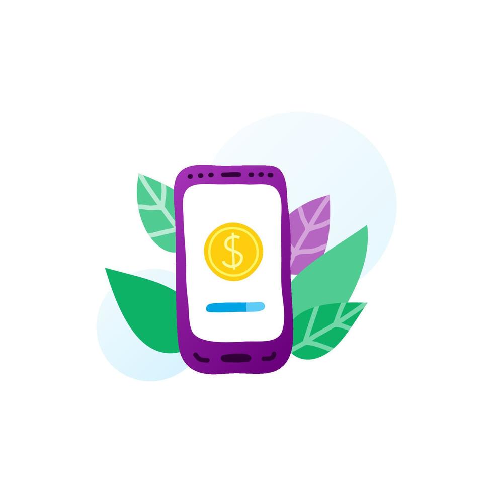 Flat doodle smartphone with dollar coin on screen and leaves around in purple, blue, green colors isolated on white background. Mobile payments concept. vector