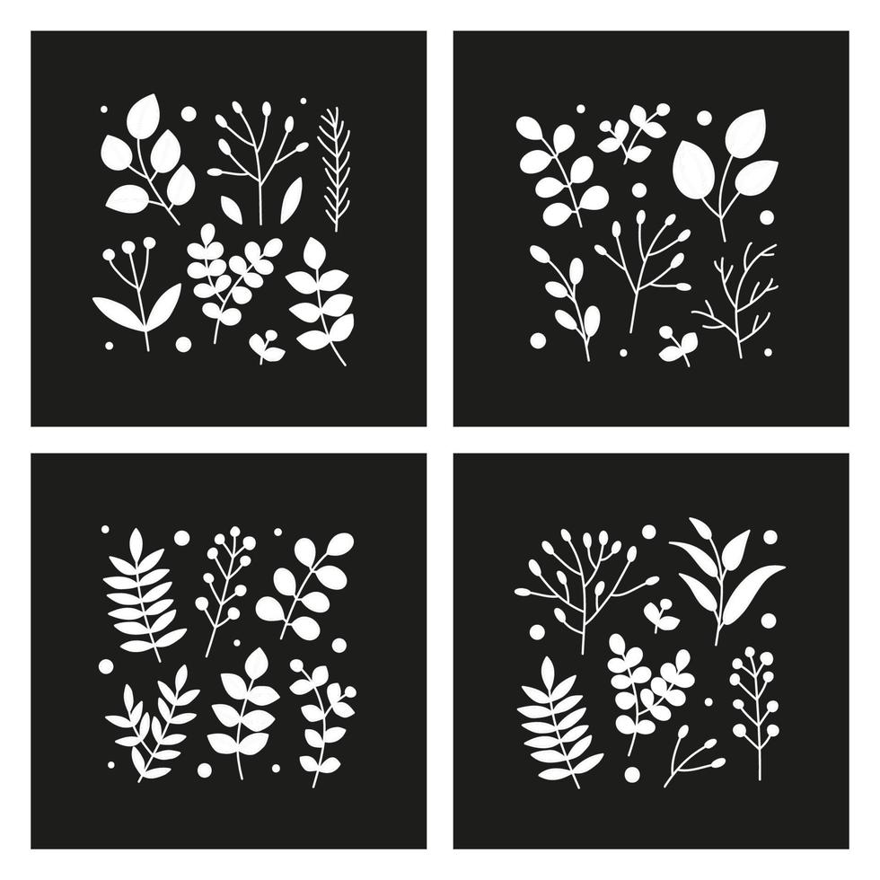 Set of cards with doodle white leafy twigs, wild herbs, plants, berries isolated on black background. vector