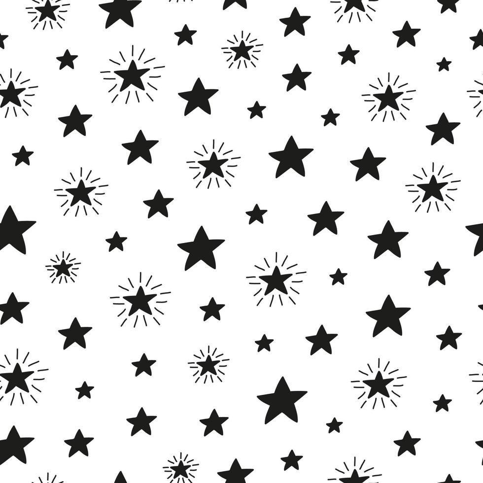 Black and white seamless pattern with doodle abstract stars. vector