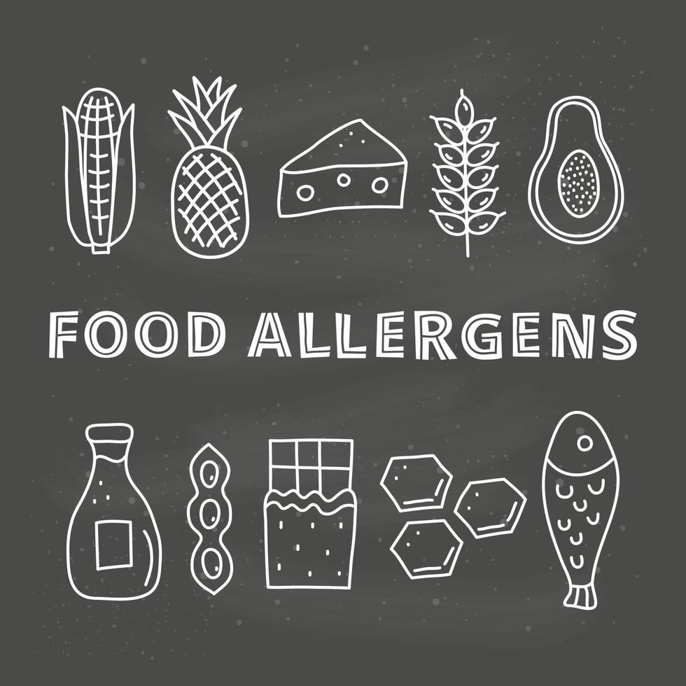 Poster with lettering and doodle outline food allergens icons including corn, pineapple, cheese, wheat, papaya, milk, beans, chocolate, honey combs, fish isolated on blackboard. vector