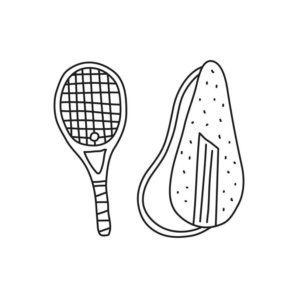 Doodle outline racket for big tennis and case isolated on white background. vector