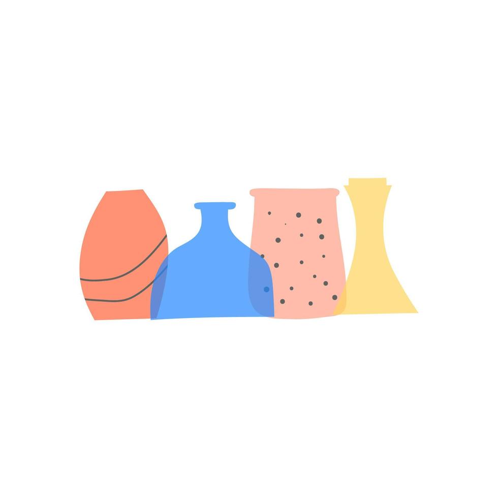 Group of doodle colorful vases in minimalism style with dots, stripes isolated on white background. vector