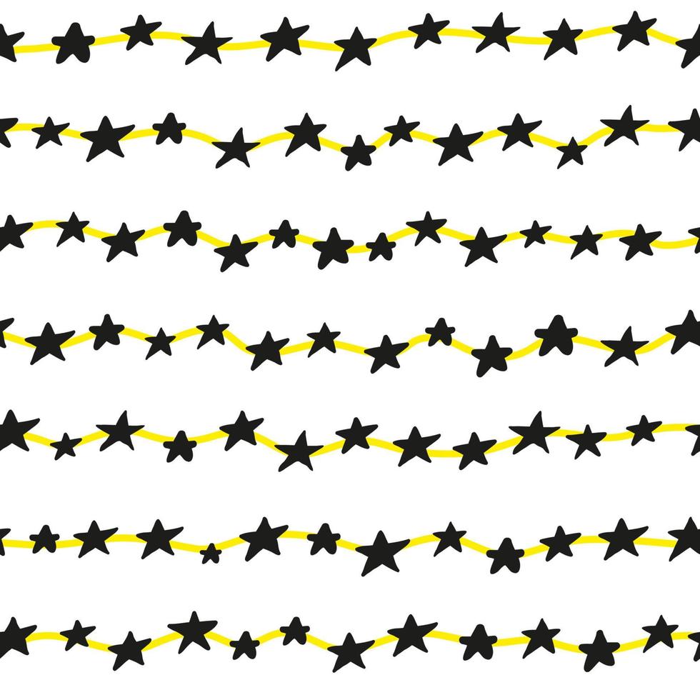 Seamless pattern with doodle black stars on yellow lines. vector