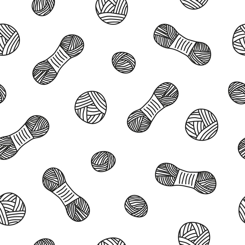 Black and white seamless pattern with doodle outline skeins and balls of yarn. vector