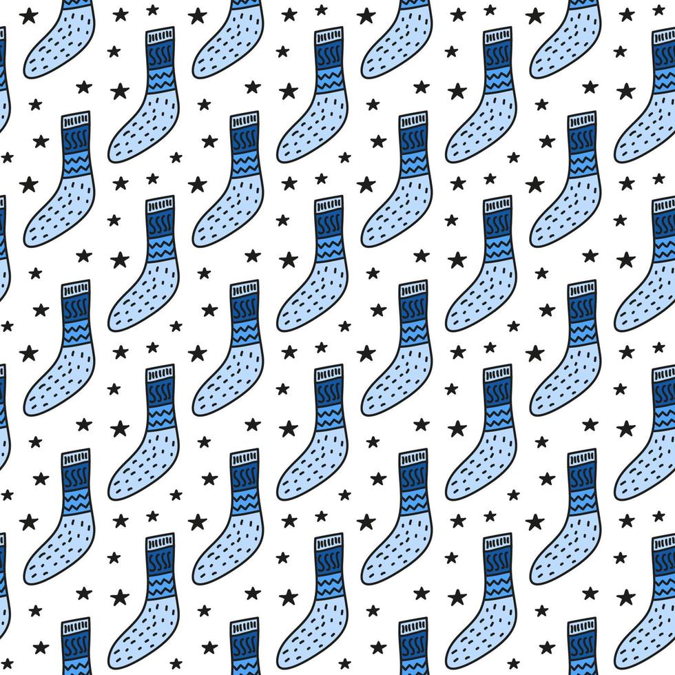 Simple seamless pattern with doodle blue socks and black stars. vector