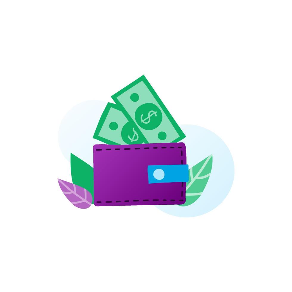 Flat doodle wallet, dollar banknotes and leaves in purple, blue, green colors isolated on white background. vector
