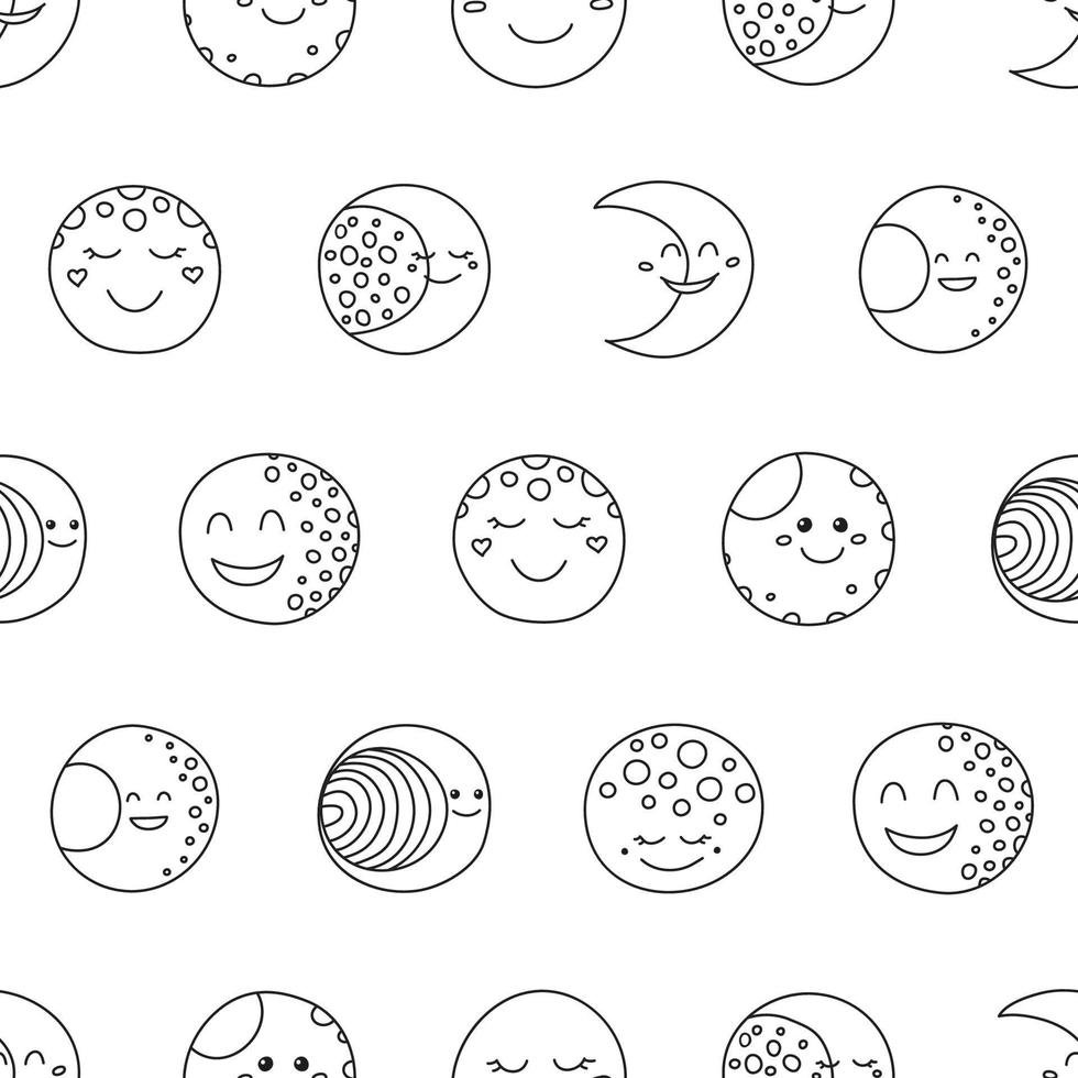 Black and white seamless pattern with doodle outline happy moon icons. vector