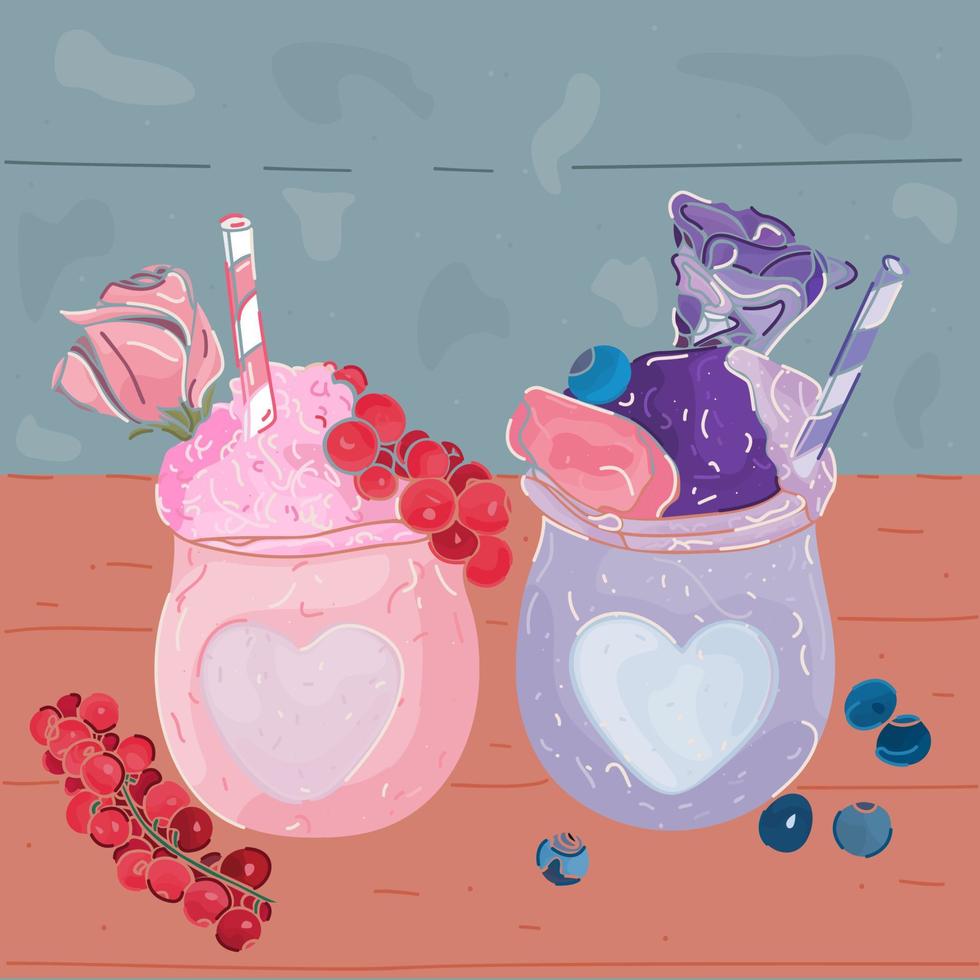 Cute Smoothie jars with fruit, currents, berries and roses. Front view. Healthy breakfast or lunch. Great for Spring or Summer backgrounds, card, banner. Vector