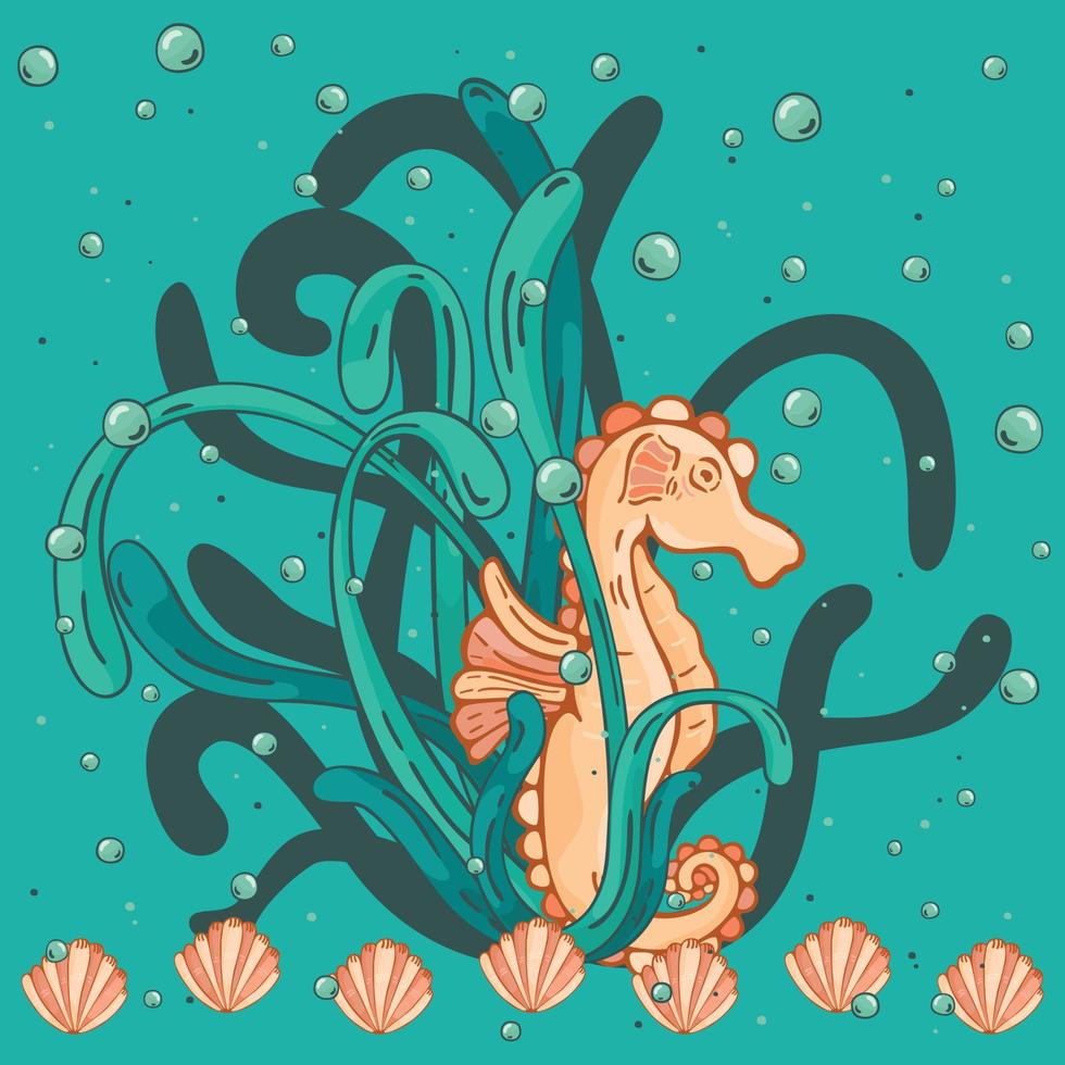 Cute cartoon Seahorse isolated. Seahorse and algae, vector illustration