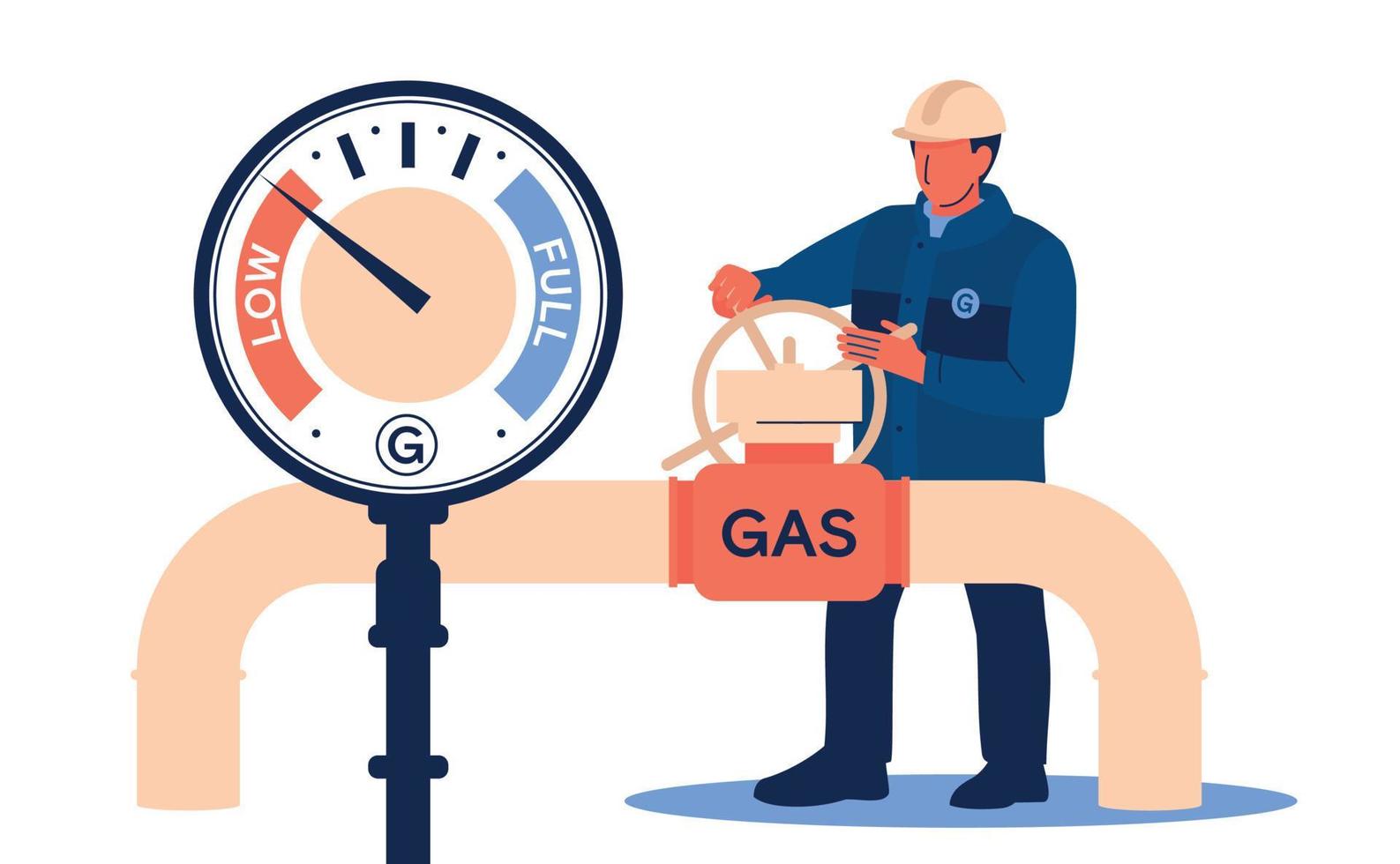 Gas from Russia. Sanctions. A male worker turns a valve on a gas pipeline. Vector image.